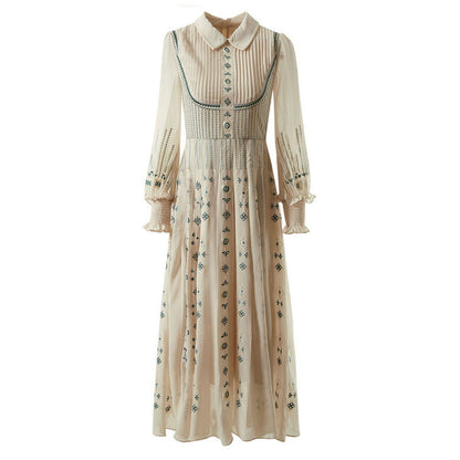 Heavy Industry Pleated Positioning Embroidery Lapel Long Sleeve Dress