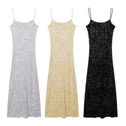 Sequin Decorative High Waist Backless A- Line Slip Dress