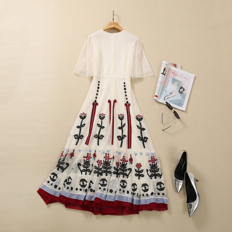 Machine Embroidery Color Matching Swing Cinched Mesh Dress