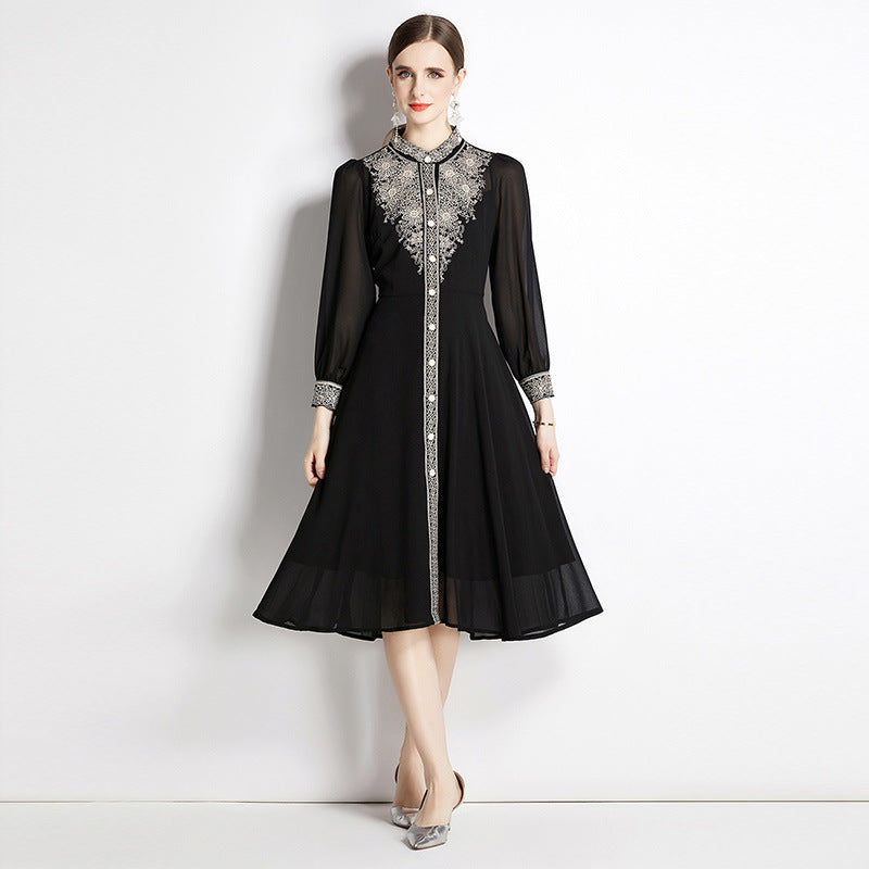 Long Sleeve Gold Thread Embroidered Elegant Midi Dress