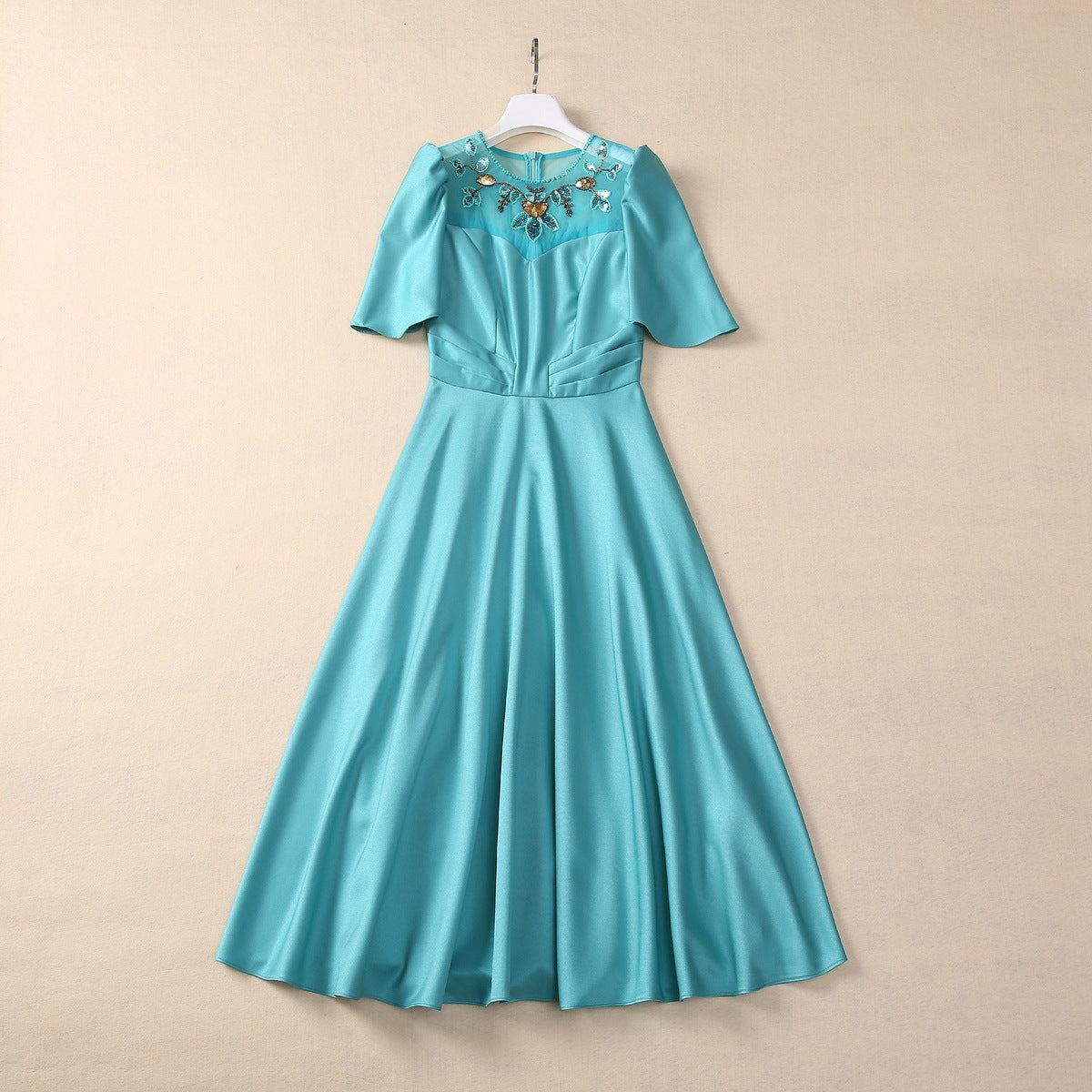 Sequined Frill Waist-tight Silk Wool Stitching Short Sleeve Dress