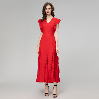 Lotus Leaf Swing V-neck Ruffled Sleeve Dress