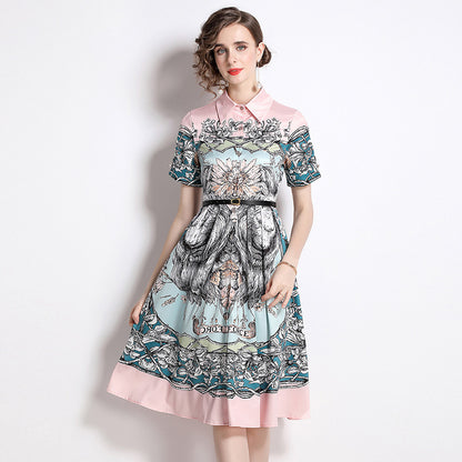 Shirt Collar Waist Three-dimensional Fluffy A- Line Pleated Hem Floral Print Dress