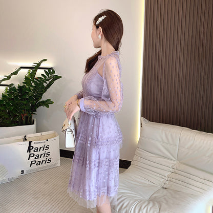 Lilac Purple Lace Stitching Mesh Embroidered Long Sleeve Round Neck See-through Dress