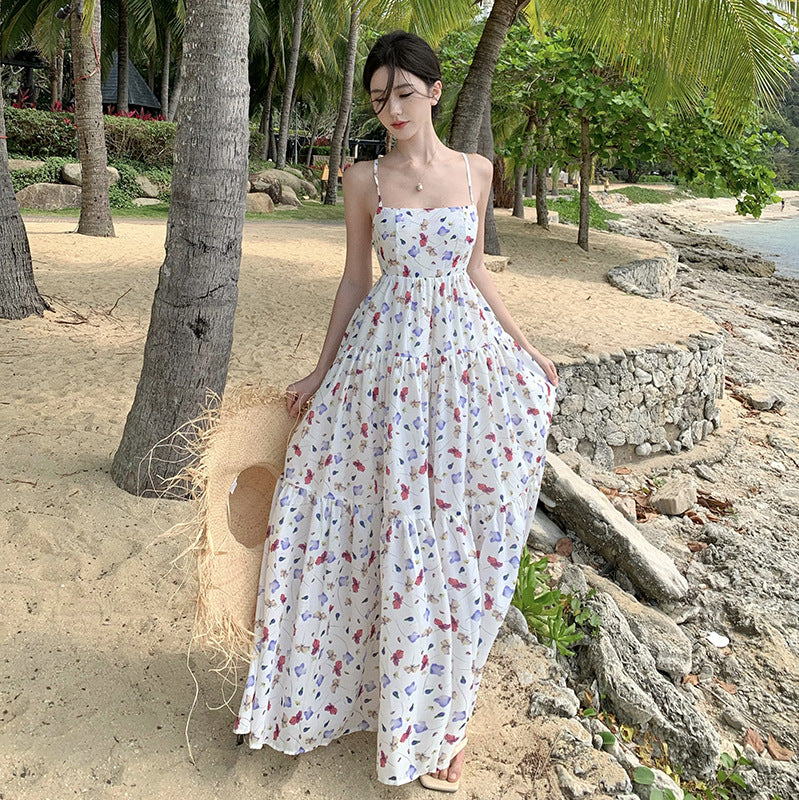 Vestido hasta el tobillo con estampado floral dulce estilo de vacaciones