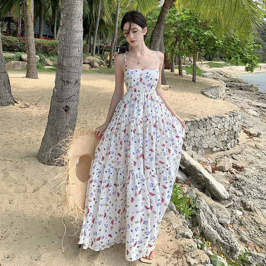 Vacation Style Sweet Floral Printing Ankle-length Dress