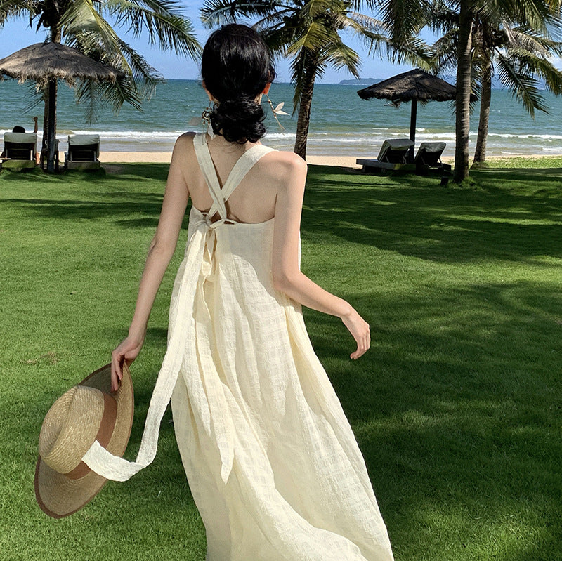 Vestido con tirantes de hada blanca estilo vacaciones de tiro real