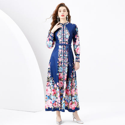 Stand Collar Single-breasted Lantern Sleeve Printed Wide Swing Long Dress