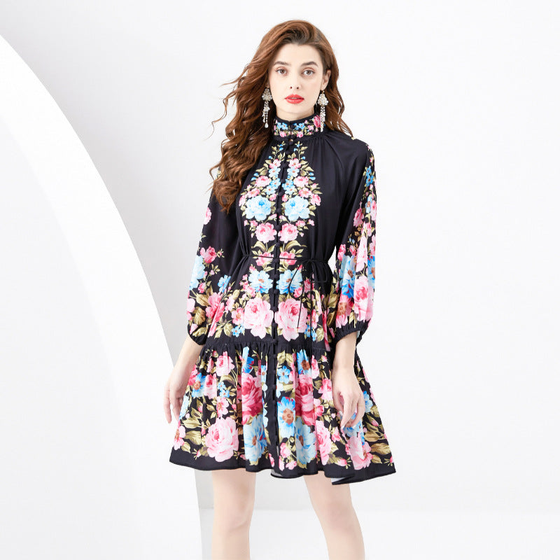 French Retro Printed Formal Dress