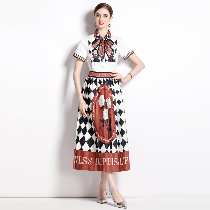 Printed Shirt Collar Elegant Fashionable Pleated Skirt Fashion Two-piece Set