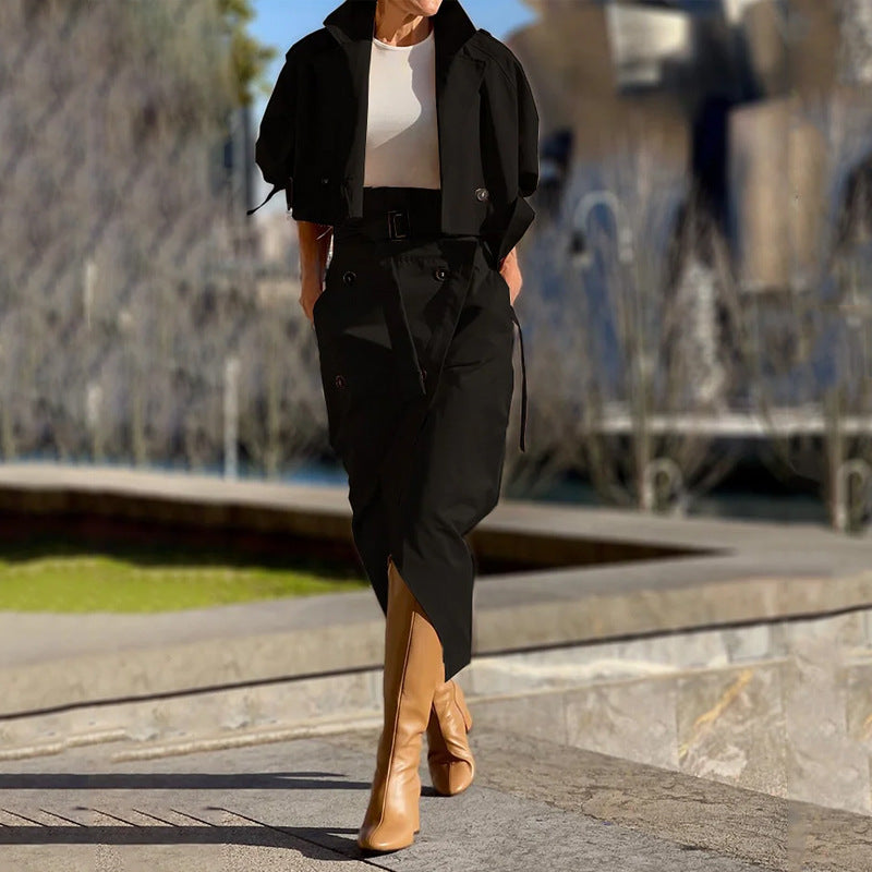 Falda de traje con cinturón y botones elegante, ropa de trabajo de ocio europea y americana