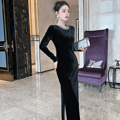 Round Neck Bead Diamond Velvet Long Sleeves Dress