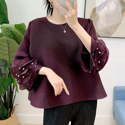 Women's Pleated Bell Sleeve Top Beaded Round Neck