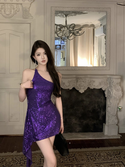 Purple Sequins Thin And Glittering Backless Irregular Hem Dress