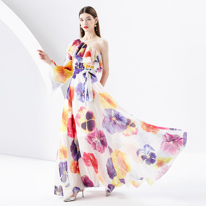 Irregular Shoulder Chiffon Floral Dress