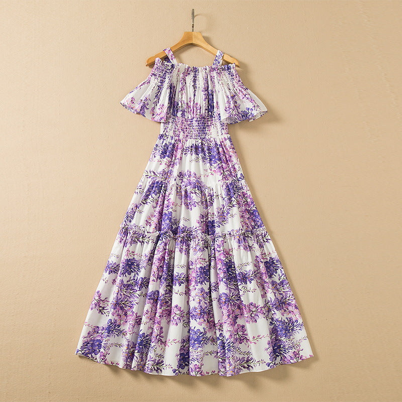 Off-neck Large Hem Wisteria Flower Elastic Waist Dress