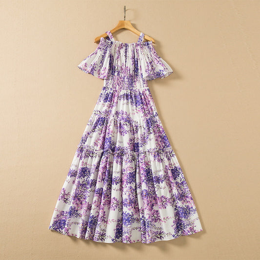 Off-neck Large Hem Wisteria Flower Elastic Waist Dress