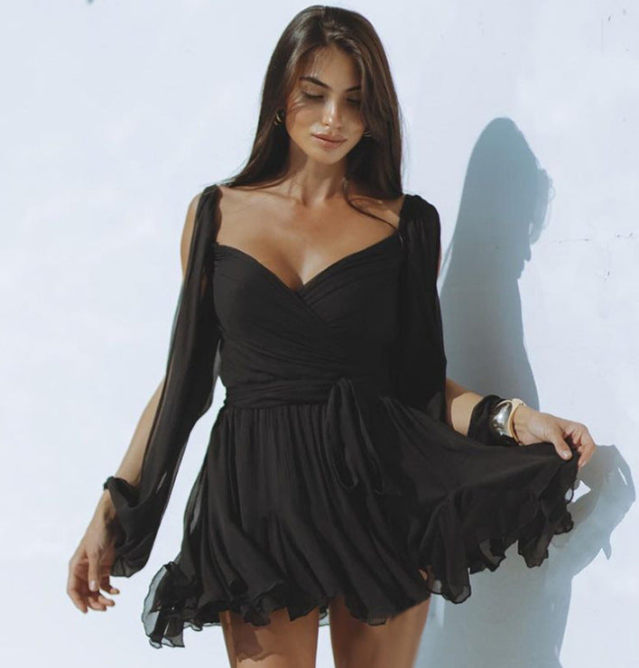 Women's Fashion Hollow Lantern Sleeve V-neck Off-shoulder Dress