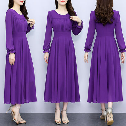 Organ Pleat Solid Color Wide Hem Slim Fit Slimming Long Sleeves Dress