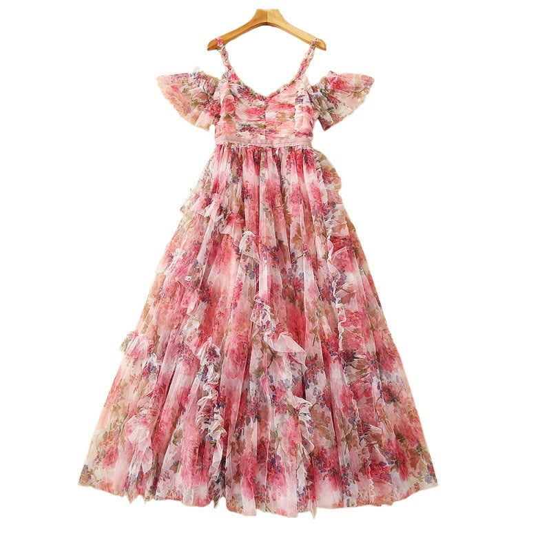 Mesh Floral Print High Waist Oversized Skirt Sling Dress