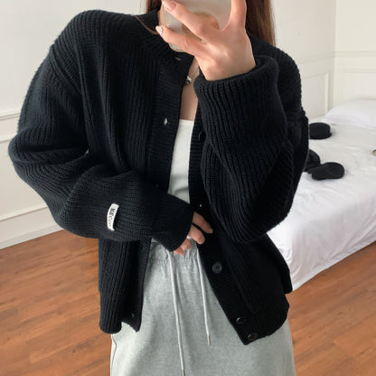 Idle Style Red Twist Round Neck Long Sleeve Knitted Cardigan Sweater Coat Female Autumn And Winter Ingot Needle Padded Top