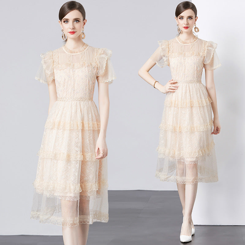 Mesh Embroidery Solid Color Goddess Temperament Cake Dress