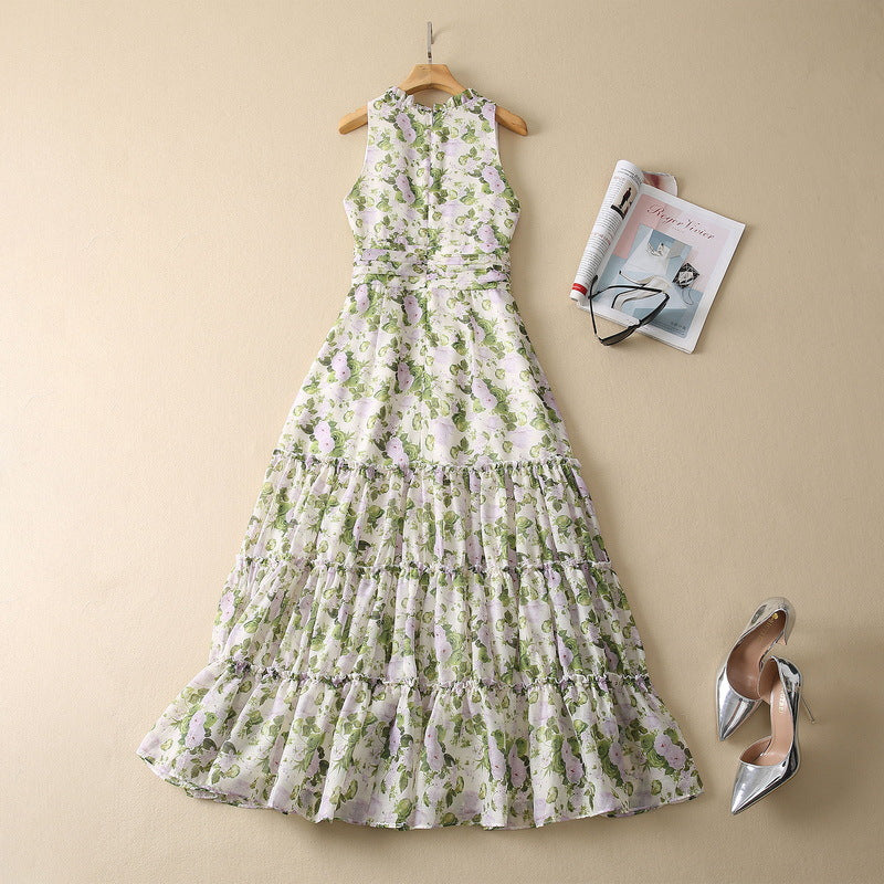 Large Skirt Pleated High Waist V-neck Off-shoulder Printed Dress