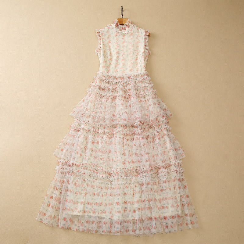 Heavy Industry Laminated Stringy Selvedge Stand Collar Mesh Floral Dress