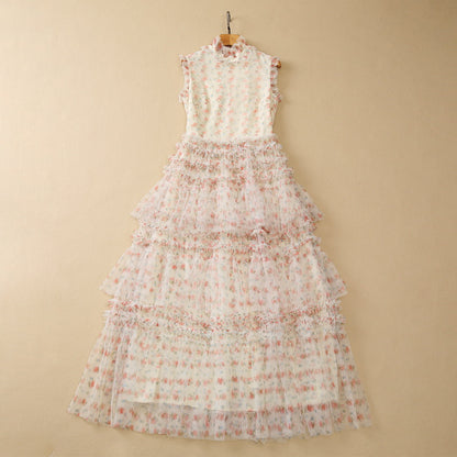 Heavy Industry Laminated Stringy Selvedge Stand Collar Mesh Floral Dress