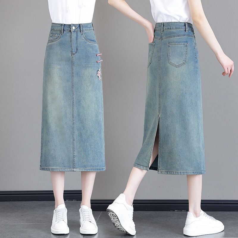 New Chinese Embroidery National Style Denim Skirt