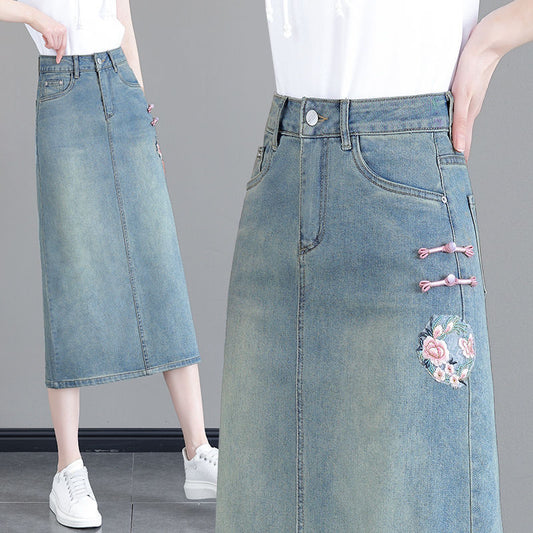 New Chinese Embroidery National Style Denim Skirt