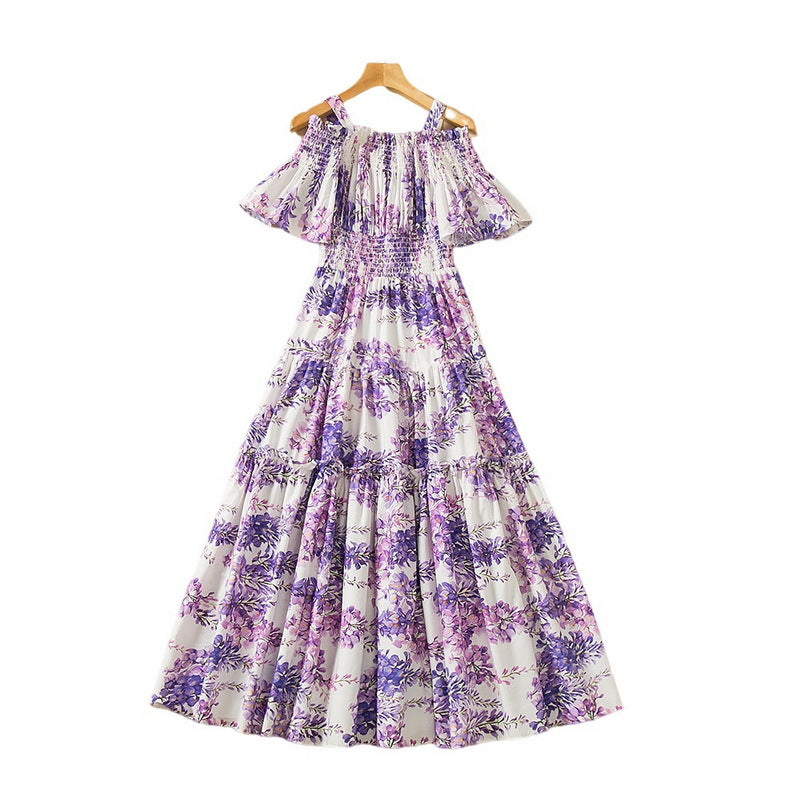 Off-neck Large Hem Wisteria Flower Elastic Waist Dress