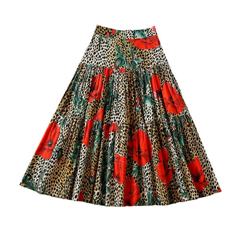 Leopard Print High Waist A- Line Large Hem Skirt