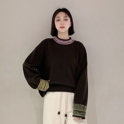 Maillard Loose Thick Woolen Women's Round Neck Contrast Color Fairisland Knitted Sweater