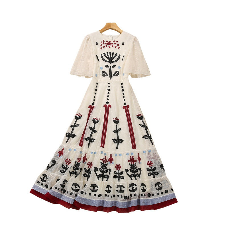 Machine Embroidery Color Matching Swing Cinched Mesh Dress