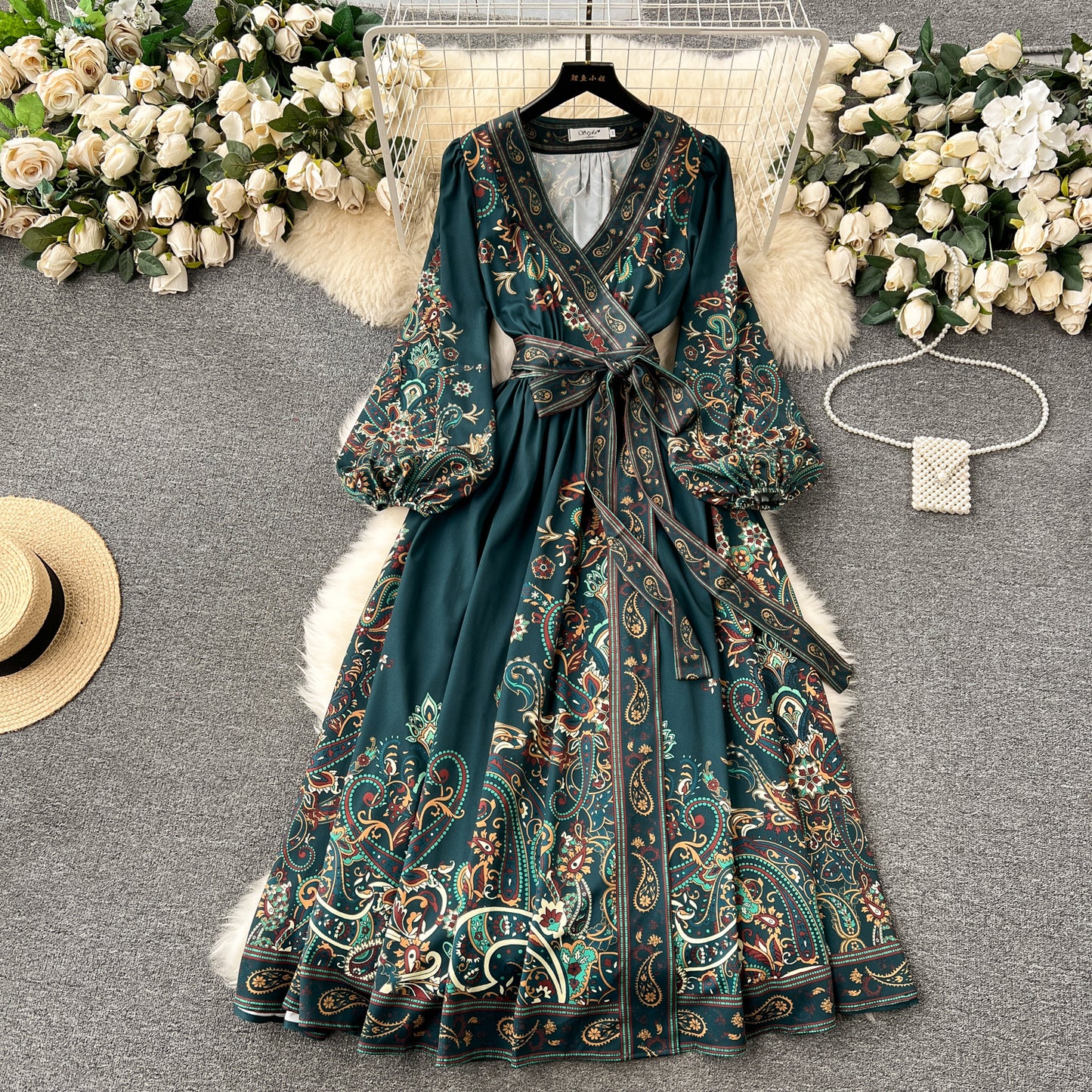 One-piece Lace-up Waist Trimming Printing Dress