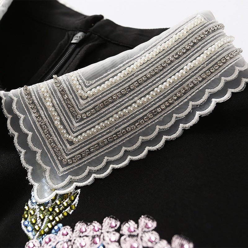 Pearl Diamond Lapel Knitted Embroidered Long Sleeve Dress