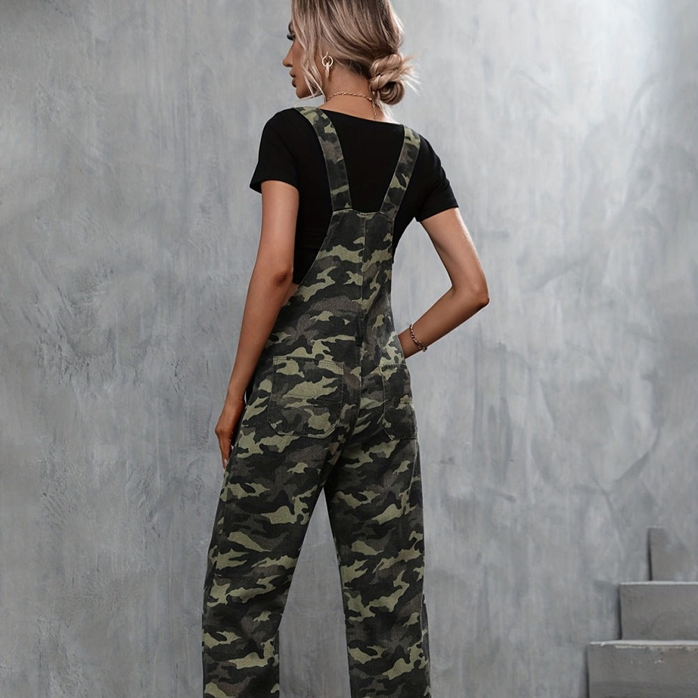 Pantalon à bretelles en Denim, Camouflage de rue, grande poche, jambe droite, pour femmes