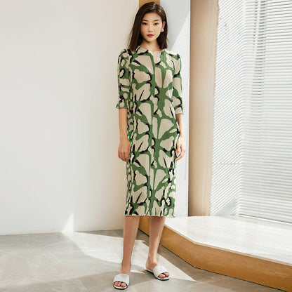 Early Autumn Lightly Mature Pleated Print Long Dress