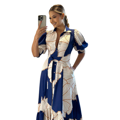 European And American Irregular High Waist Temperament Shirt Cardigan Printing Maxi Dress