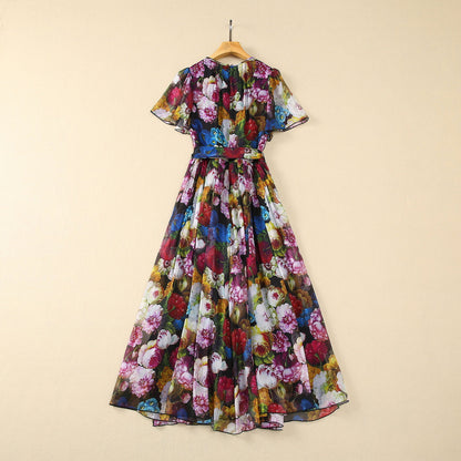 Belt Large Hem Front Pleated Silk Chiffon Printed Chrysanthemum Dress