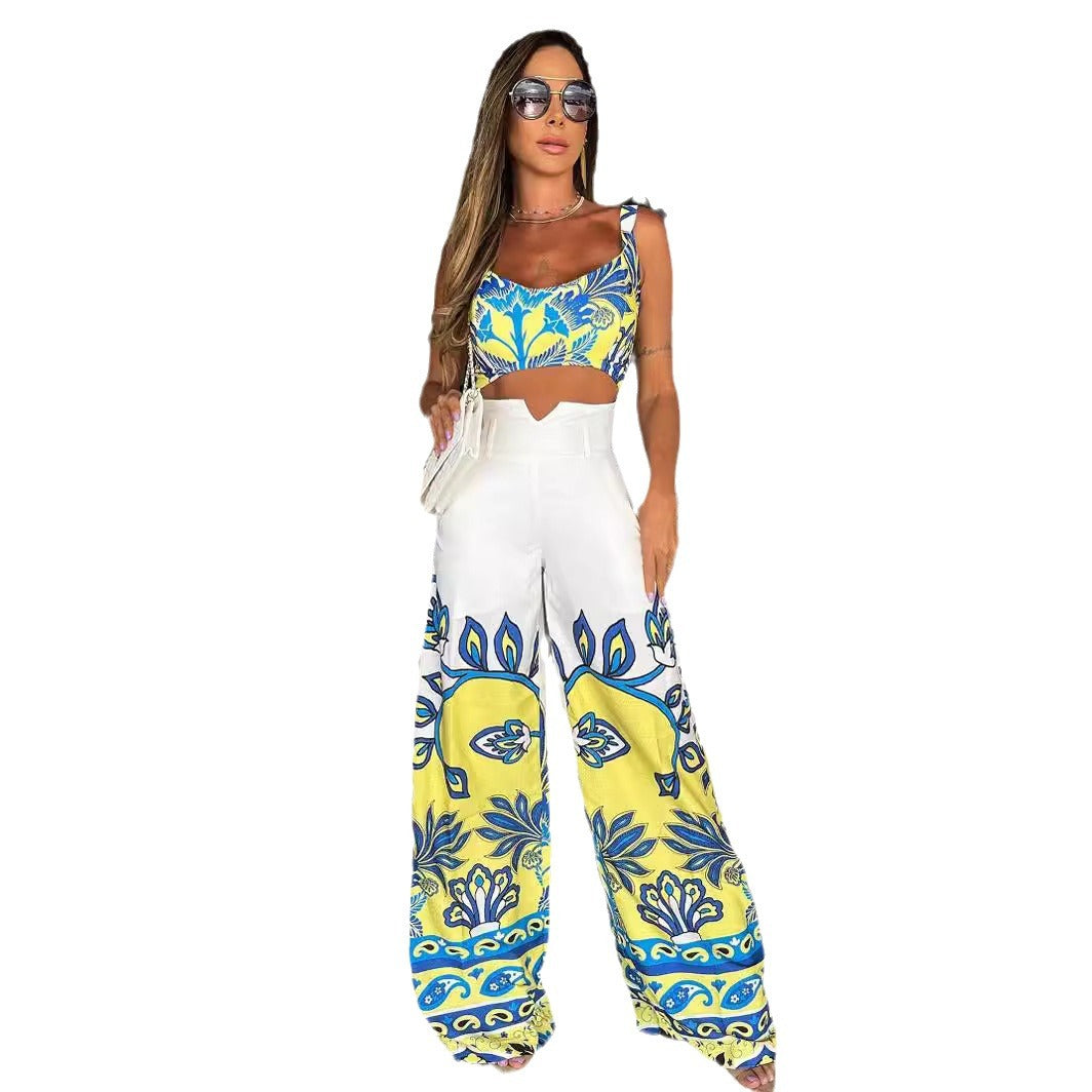 Yellow Printings Sling High Waist Women's Long Jumpsuit