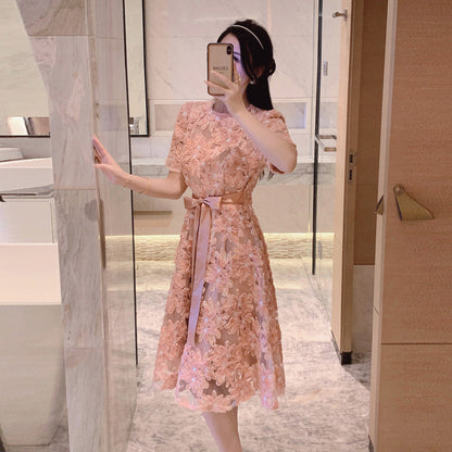 Heavy Embroidery Sequins Three-dimensional Flower French Style Temperament Slimming Floral Dress