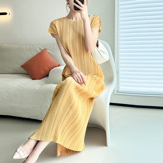 Pullover Round Neck Short Sleeve Scale Peplum Top Versatile Split Long Dress Skirt Suit