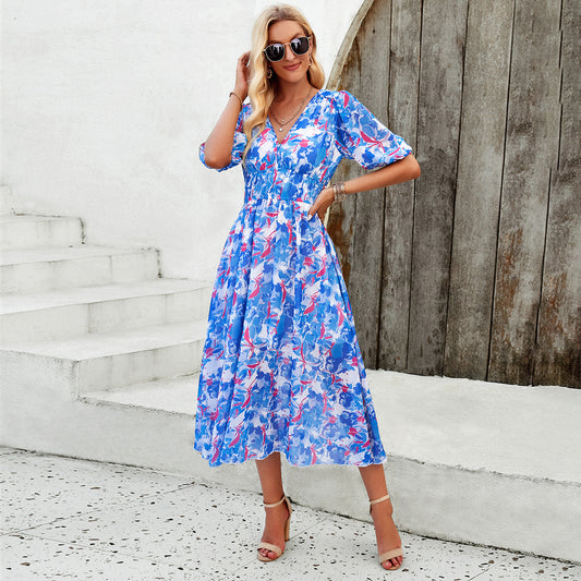 Ropa de mujer Vestido festivo con cuello en V y estampado floral ajustado a la cintura