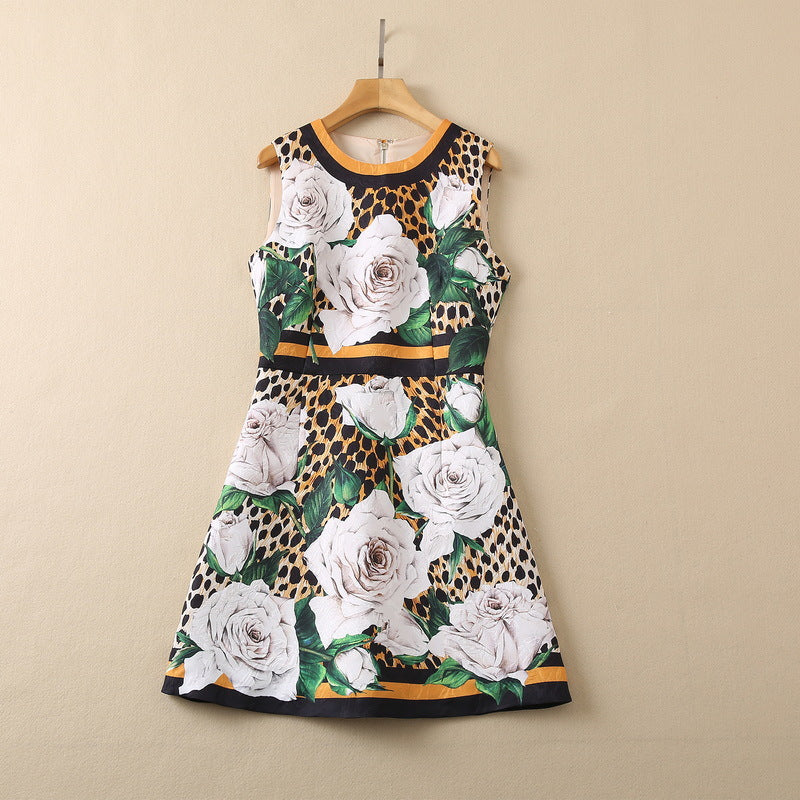 Sleeveless Waist Leopard Print White Rose Dress