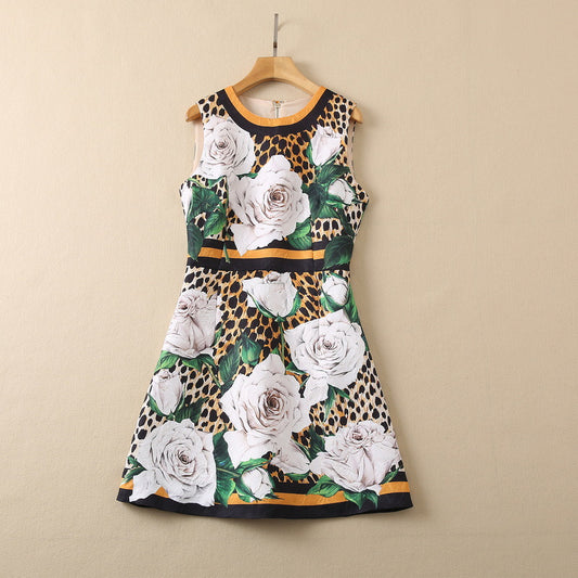 Sleeveless Waist Leopard Print White Rose Dress