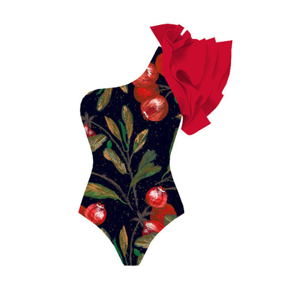 Red Printed Diagonal One-piece Swimsuit For Women