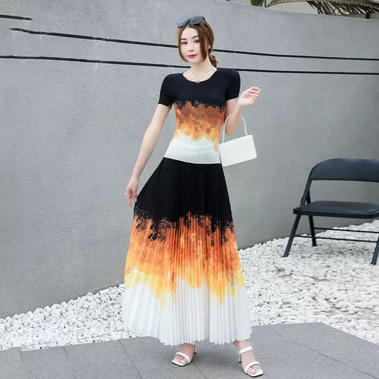 Long Skirt Pleated Temperament And Beautiful Gradient Color Two-piece Set