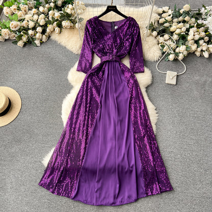 Elegant V-neck Slim-fit Long Sequined Dress